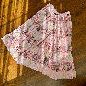 Vintage Lotus Patchwork Maxi Skirt – One Size – Boho Pink Floral Rayon – Made in